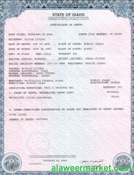 USA state Idaho death certificate template in PSD format